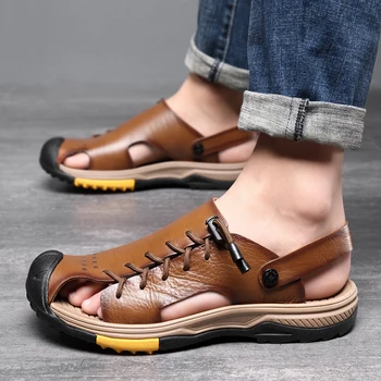 Классические мужские сандалии Летние Мягкие сандалии Удобная мужская обувь Пляжные сандалии из натуральной кожи большого размера Мужская повседневная обувь на открытом воздухе
